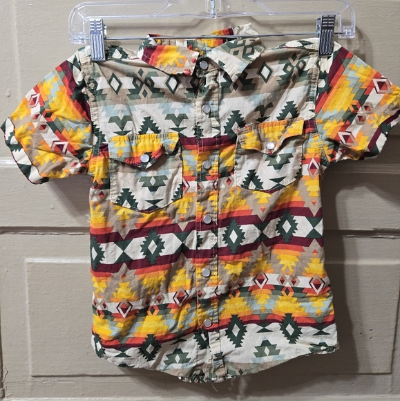 Nine Threads Kids Western Aztec Button Up Short Sleeve Pearl Snap Shirt - Picture 2 of 6